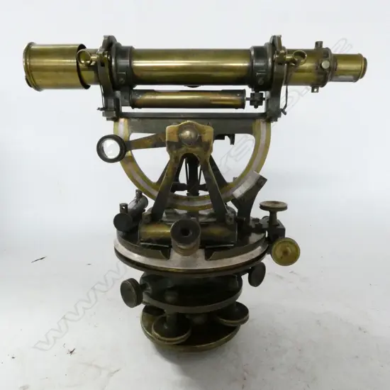 TROUGHTON & SIMMS BRASS THEODOLITE, w 10½" TELESCOPE, IN MAHOG BOX, w LEATHER TRAVEL CASE